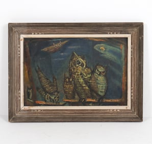 MID-CENTURY OWLS PAINTING O/B
