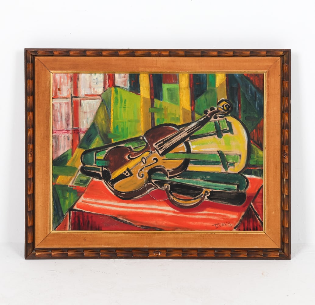 LAURA TAUSSIG ABSTRACT VIOLIN: Signed to lower right corner Taussig. Dimensions: Frame H 23.25" x W 29.5". Canvas H 18.5" x W 24". Condition: Tear through center of canvas, taped on back. Scuffs and scratches to frame. Wear consist