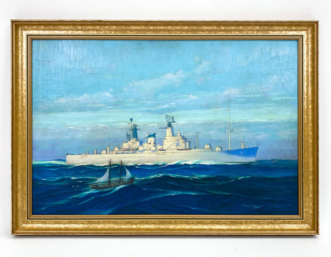 JAMES DOWNEY SEASCAPE, REALIST OIL ON BOARD: The painting depicts a naval scene with a large warship and a smaller vessel on the water. Label on verso "Gimbels Artist Materials". Signed James Downey lower right. Oil on masonite. Dimensions: (Fra