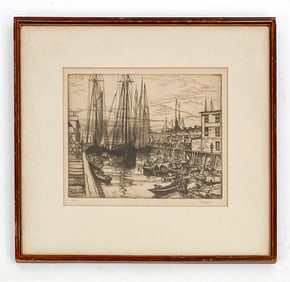 CIRCA 1909 EUROPEAN HARBOR ETCHING
