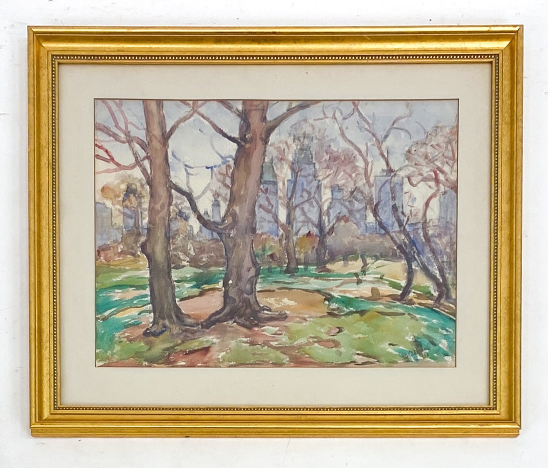 1951 NYC PARK WATERCOLOR ON PAPER: Image of a park with city sight in the background. Indistinctly signed and dated 1951, lower right. Dimensions: (Frame) H 21.5" x W 26" (Sight) H 14.5" x W 19.25" Condition: Wear consistent with age.