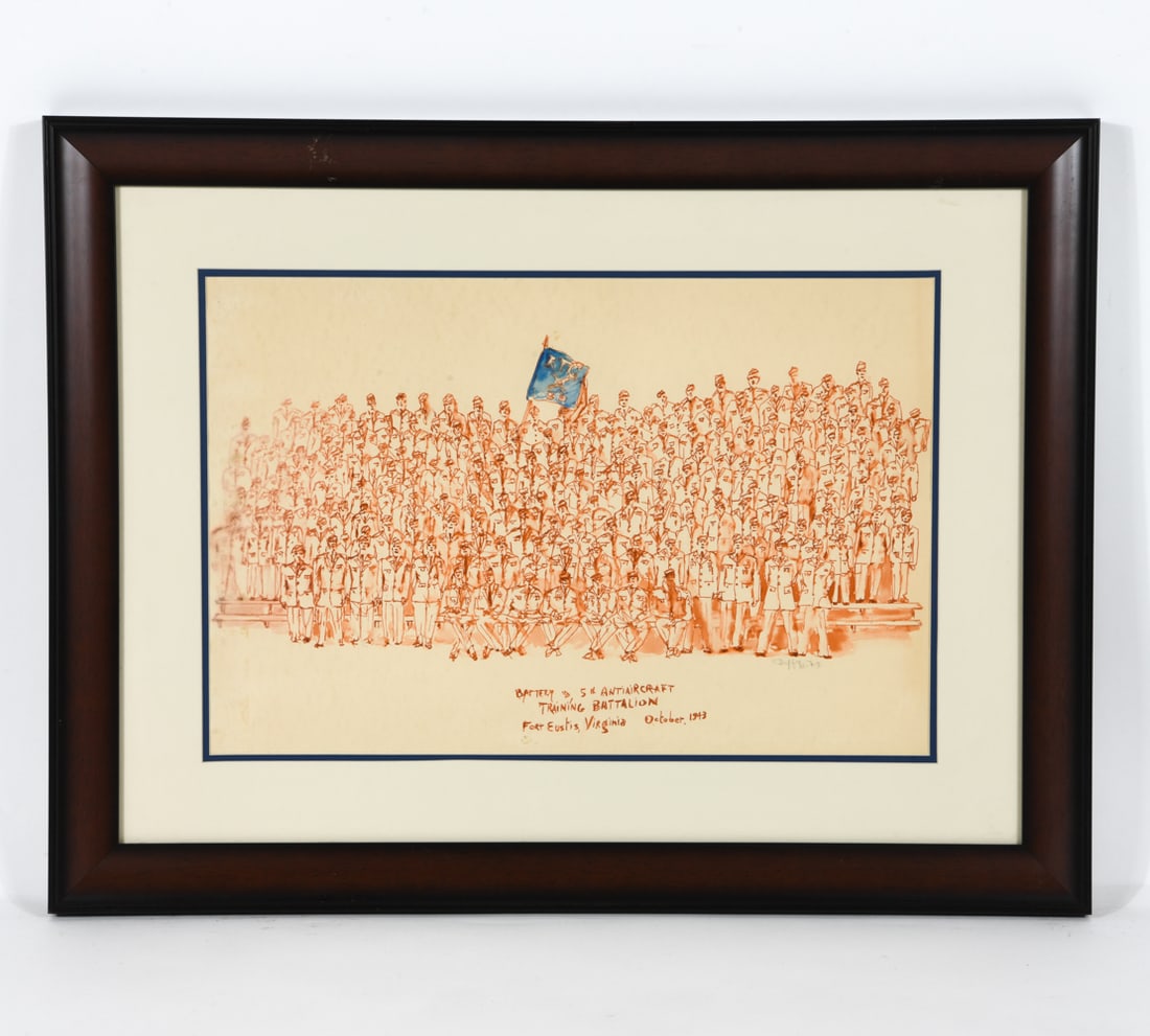 BATTERY B, 5TH ANTI AIRCRAFT TRAINING BATTALION: Image depicting "Battery B, 5th Antiaircraft Training Battalion" at Fort Eustis, Virginia, in October 1943. Signed Duffy and 11.71, lower right. Watercolor on top of photo print.. Dimensions: (Frame)