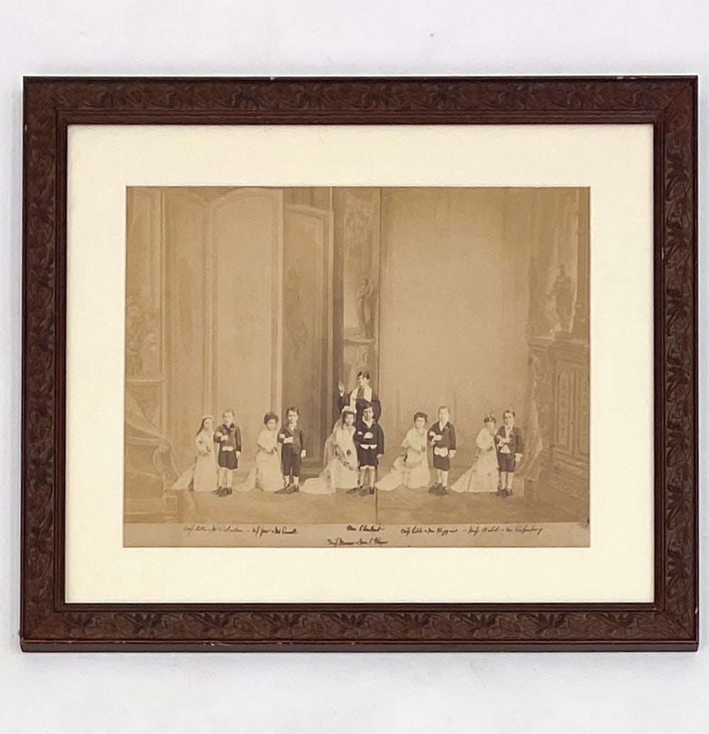 ANTIQUE CONFIRMATION PHOTO: Antique clippings of photographs mounted on photo print. Indistinct inscription, lower margin. Dimensions: (Frame) H 20" x W 23.5" (Sight) H 13" x W 16" Condition: Wear consistent with age. Nicks and 