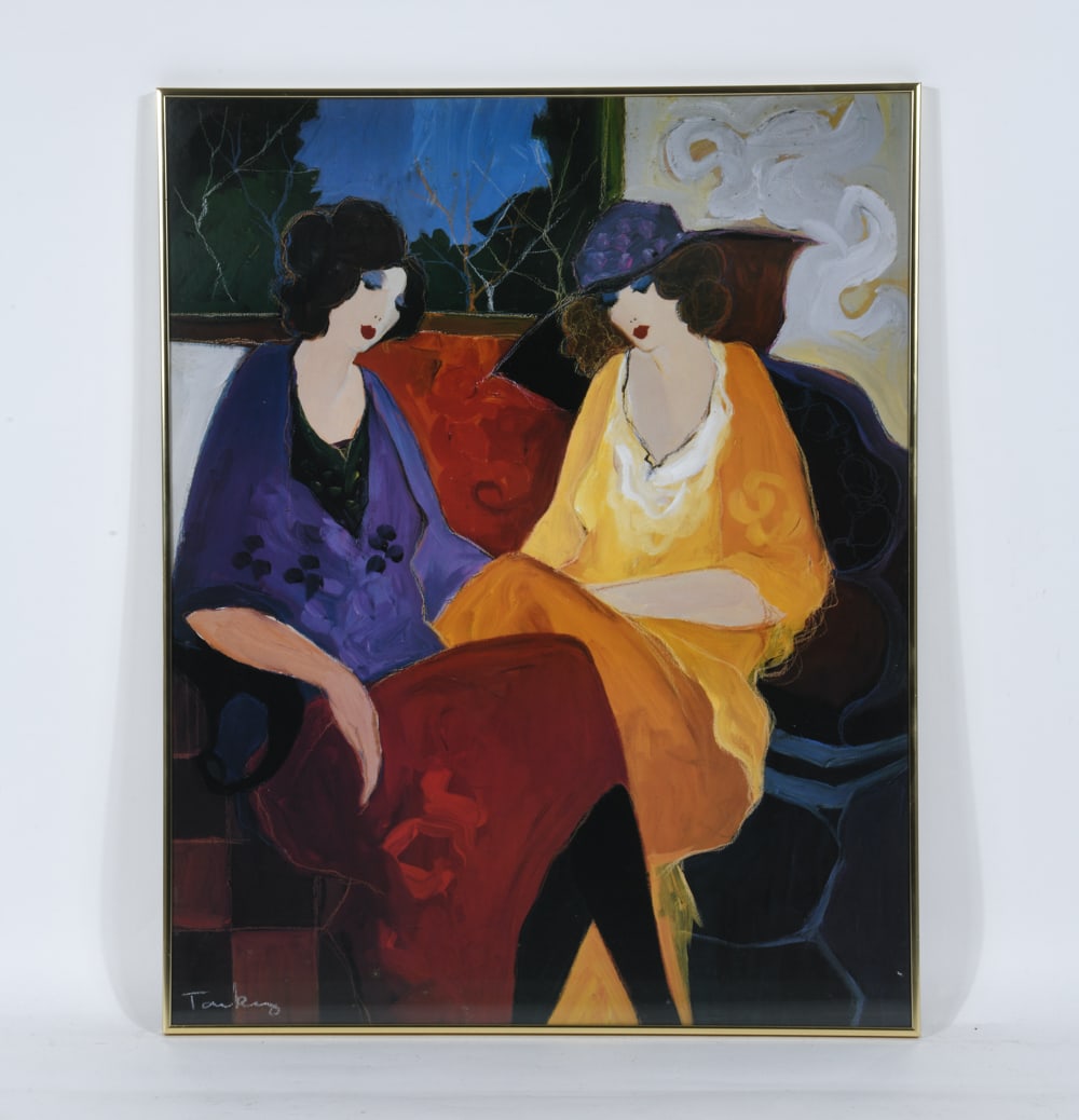 ITZCHAK TARKAY (1935-2012) LITHOGRAPH: Impressionist image of two friends. Titled "Nicole and Chloe". Printed signature lower left. Dimensions: (Frame) H 30.5" x W 24.5" (Sight) H 30" x W 24" Condition: Wear consistent with age. Nicks and