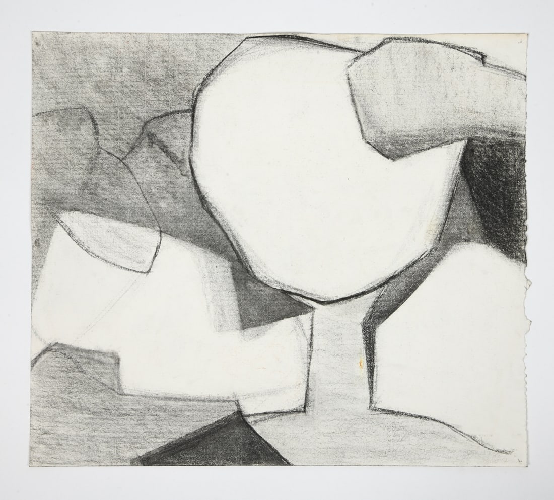 BETH HERTZ (B. 1920) "UNTITLED STILL LIFE": Abstract drawing. From the "Untitled (Still Life)" series. Engraved "BERTH HERTZ ESTATE" lower right. Charcoal on paper. Unframed Dimensions: H 23" x W 17.5" Condition: Nail holes and buckling to corn