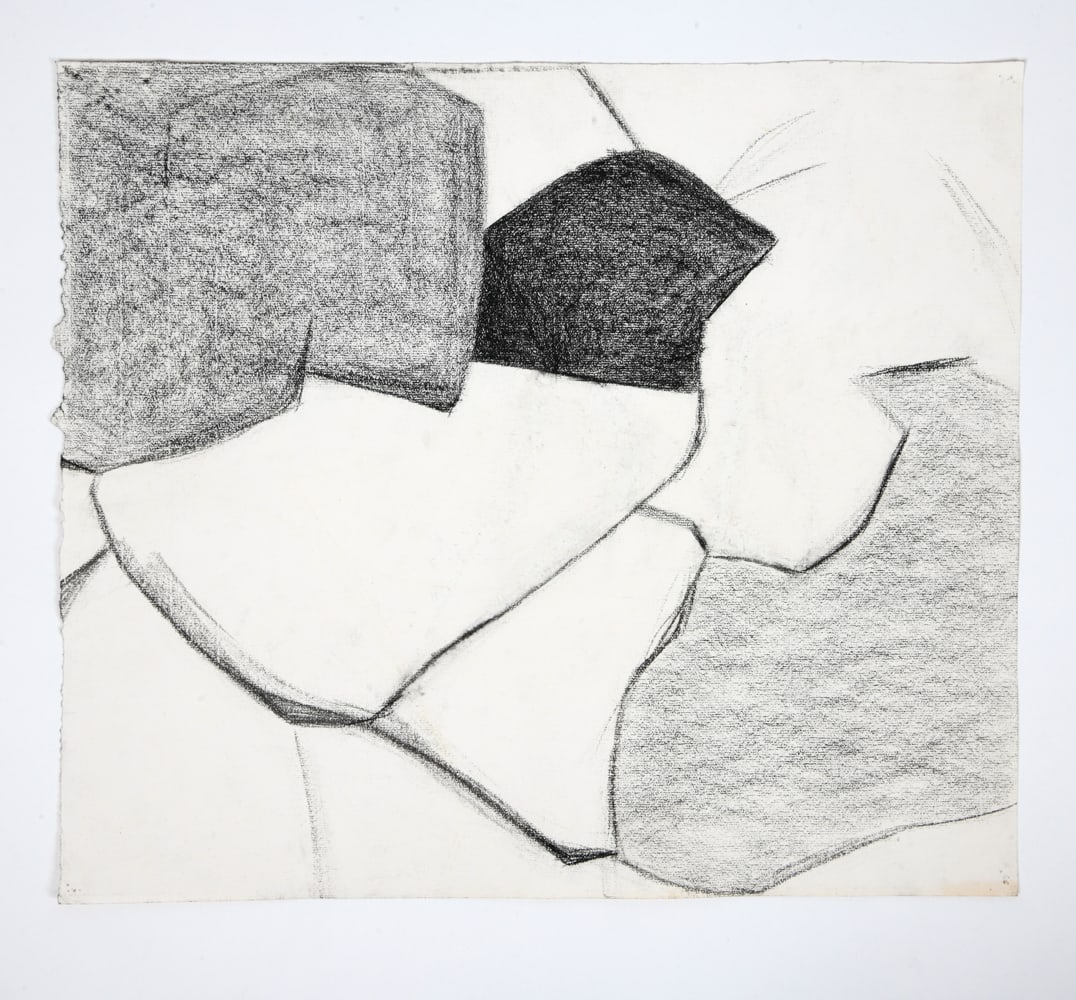 BETH HERTZ (B. 1920) "UNTITLED STILL LIFE": Abstract drawing. From the "Untitled (Still Life)" series. Engraved "BERTH HERTZ ESTATE" lower right. Charcoal on paper. Unframed Dimensions: H 23" x W 17.5" Condition: Nail holes and buckling to corn