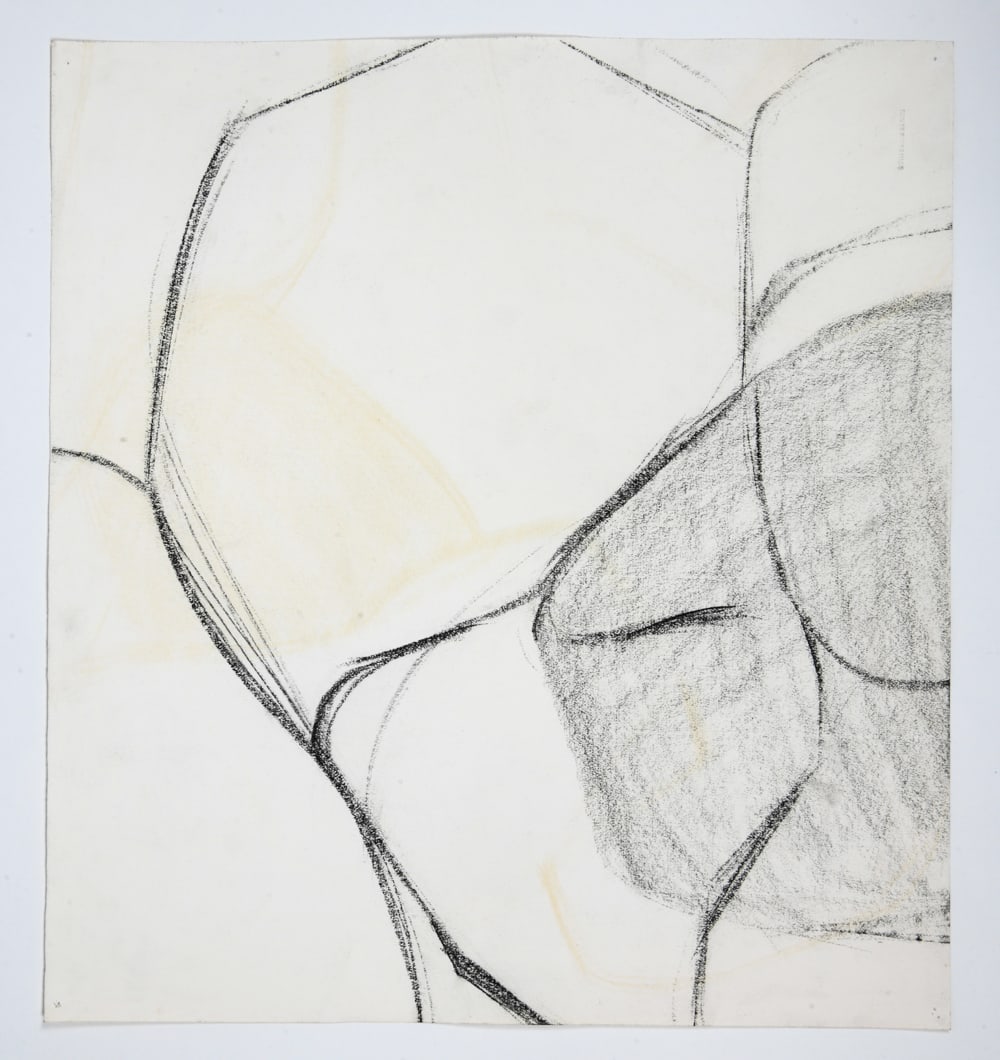 BETH HERTZ (B. 1920) "UNTITLED STILL LIFE": Abstract drawing. From the "Untitled (Still Life)" series. Engraved "BERTH HERTZ ESTATE" lower right. Charcoal on paper. Unframed Dimensions: H 23" x W 17.5" Condition: Nail holes to corners. Light so