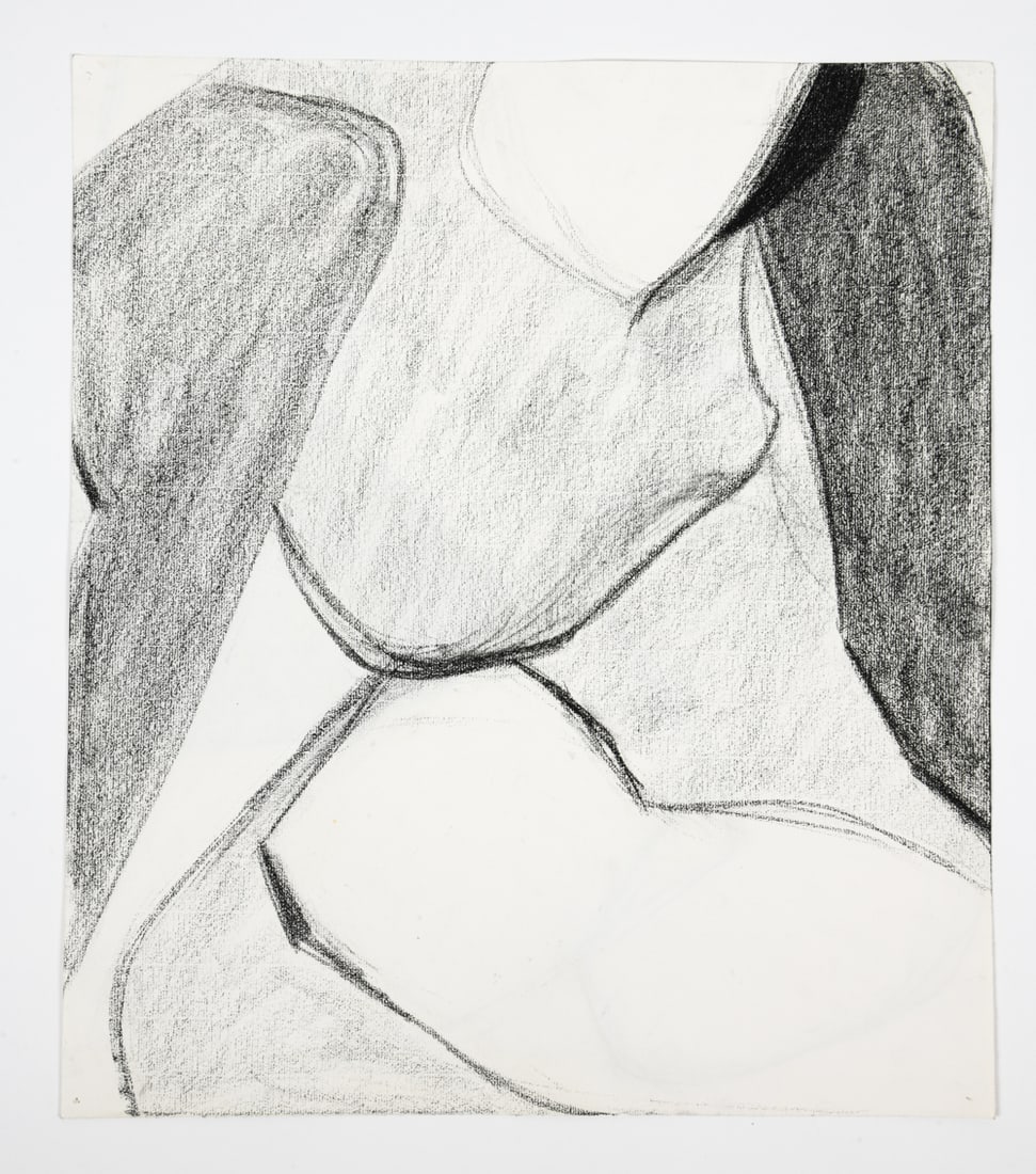 BETH HERTZ (B. 1920) "UNTITLED STILL LIFE": Abstract drawing. From the "Untitled (Still Life)" series. Engraved "BERTH HERTZ ESTATE" lower right. Charcoal on paper. Unframed Dimensions: H 23" x W 17.5" Condition: Nail holes to corners. Light so