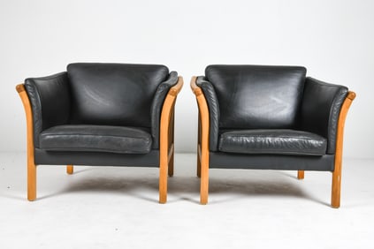 PAIR OF STOUBY BEECH & LEATHER LOUNGE CHAIRS