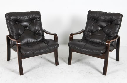 J. M. BIRKING BEECH & LEATHER EASY CHAIRS 1970S
