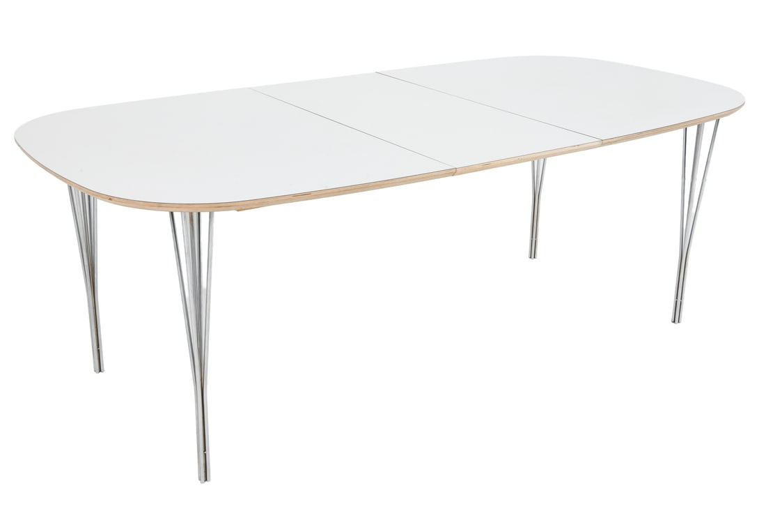 HASLEV ROYAL DESIGN SYMPHONY DINING TABLE: (1) Leaf included. White laminate surface with steel legs. Marked under the table, c. 2015. Dimensions: H 29" x W 62.75" x D 41.5" Leaf: L 18.5" Condition: Minor dings and scratches, wear consistent w