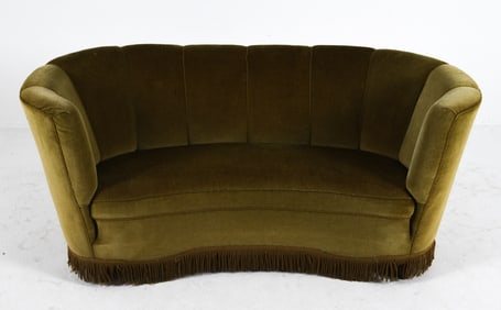 DANISH GREEN MOHAIR BANANA SOFA C. 1960S