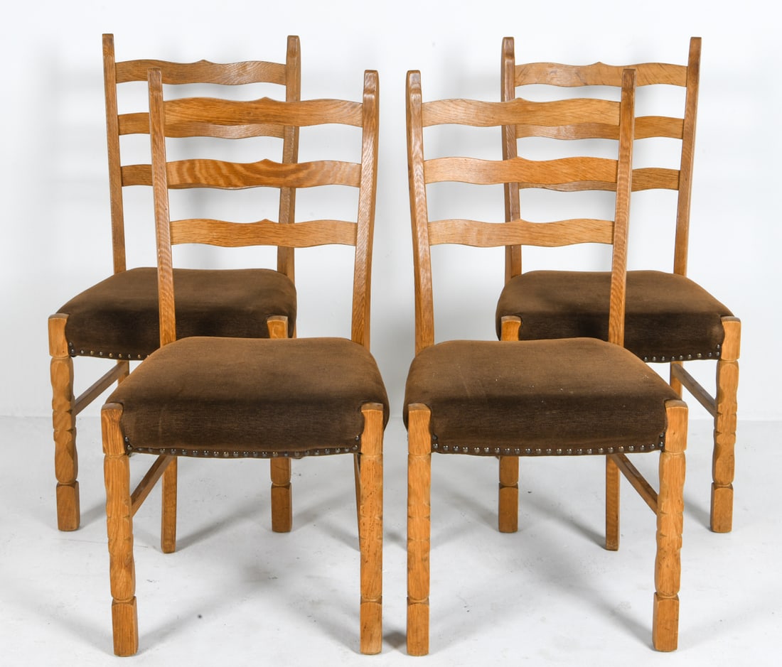 (4) HENNING KJAERNULF STYLE OAK DINING CHAIRS: Oak ladder back frames with brown fabric upholstered seats. Brass tacks accents. Denmark, circa 1970s. Dimensions: H 37.5" x W 16.5" x D 18.5" x SH 17.75". Condition: Few scratches and small dings to 
