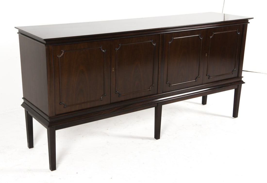 DANISH MAHOGANY SIDEBOARD: Key included. Adjustable shelves. Felt lined drawers to one cabinet. Denmark, circa 1960s. Dimensions: H 36" x W 75" x D 19.5". Condition: Scuffs and scratches to interior shelves. Minor surface scrat