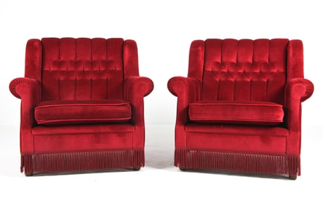 PAIR OF SCANDINAVIAN RED VELOUR LOUNGE CHAIRS
