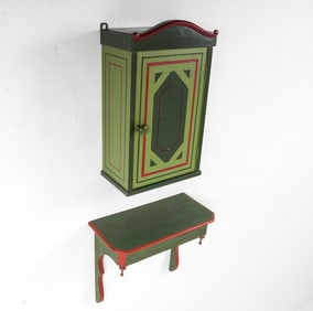 ANTIQUE DANISH PAINTED CABINET & WALL SHELF