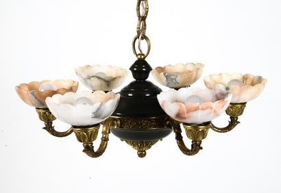 SCANDINAVIAN BRASS & ALABASTER CHANDELIER C. 1950S