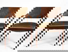 DANISH EMPIRE STYLE MAHOGANY ARMCHAIRS C. 1960S: Mahogany frames with green mohair upholstered seats. Denmark, circa 1960s. Dimensions: H 34" x W 17.5" x D 18.5" x SH 18.75". Condition: Few scratches and dings to wood. Wear consistent with age and u