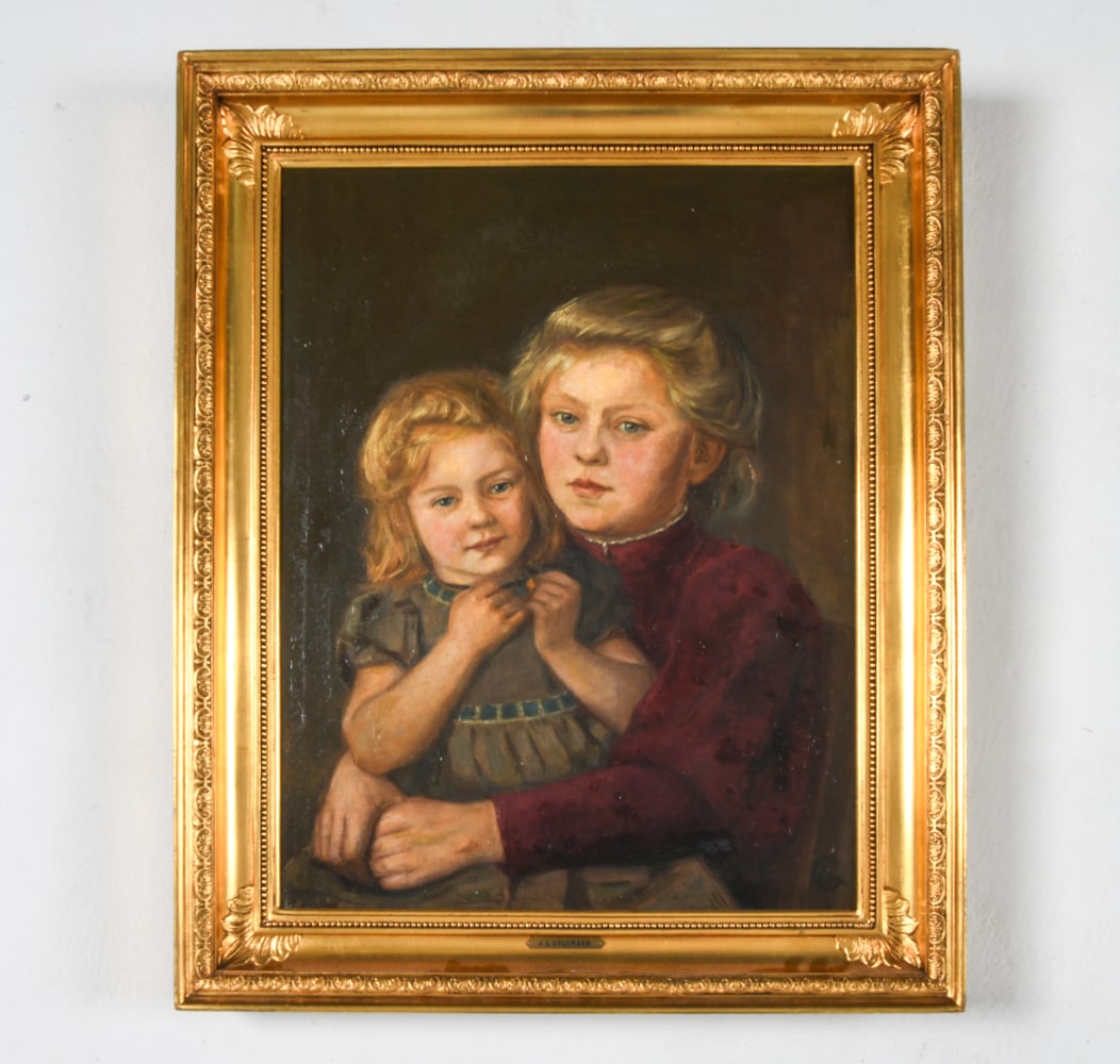 J. L. GOLDMANN (1880-1937) PORTRAIT OF SISTERS O/C: Signed to lower right corner and with plaque to frame. Information about artist on back. Denmark, early 20th century. Dimensions: Frame H 27.5" x W 22.75". Canvas H 23" x W 18". Condition: Minor scuff