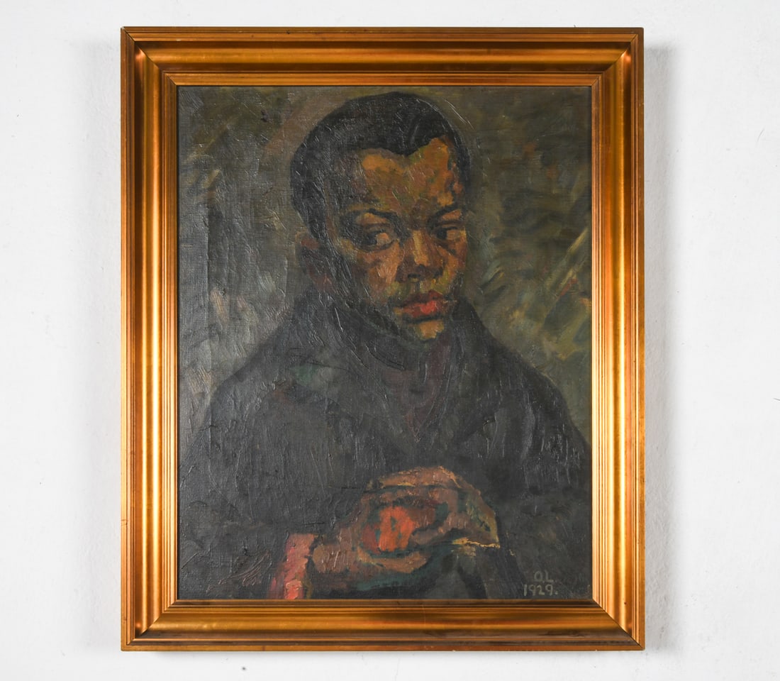 OTTO LARSEN (1907-1987) PORTRAIT OF A MAN O/C: Signed to lower right corner. Dated 1929. Oil on canvas. Dimensions: Frame H 25" x W 21". Canvas H 21.75" x W 18". Condition: Minor scuffs to frame, wear consistent with age and display.