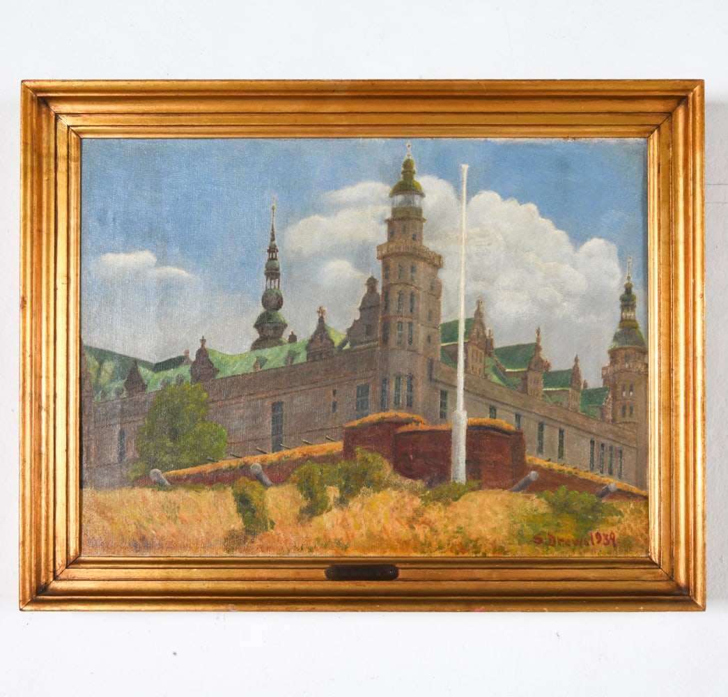 SVEND AAGE DREWS (1919-2003) MILITARY FORT O/C: Signed and dated to lower right corner, 1939. Plaque to frame. Oil on canvas. Denmark, mid 20th century. Dimensions: Frame H 16.75" x W 21.75". Canvas H 14.25" x W 19". Condition: Minor scuffs to fram