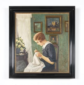 DANISH PORTRAIT OF A WOMAN SEWING O/C
