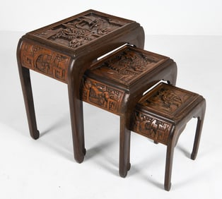CHINESE CARVED ELMWOOD NESTING TABLES 20TH C.