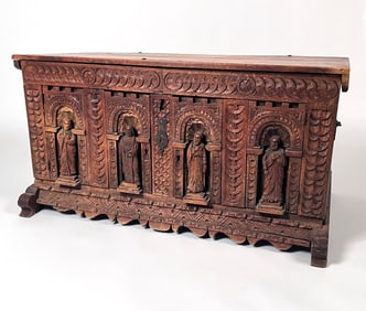 18TH C. DANISH CARVED FIGURAL RED OAK CABINET