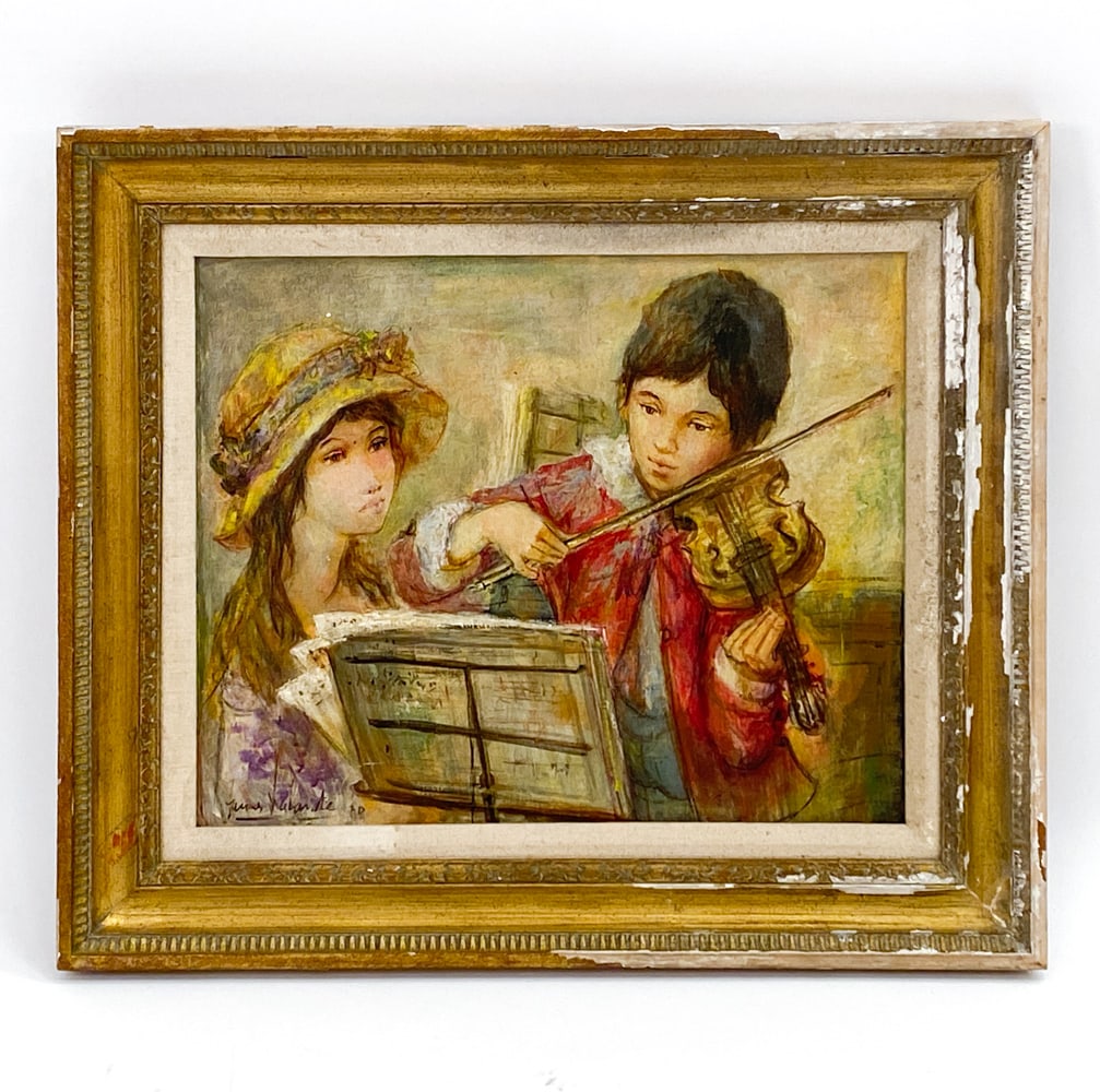 JACQUES LALANDE (FRENCH, 1921-2003) VIOLIN PLAYER: Painting depicts a boy playing piano with a girl sitting next to him. Signed and dated 70 lower left corner. Info about artist on verso. Dimensions: (Frame) H 25.25" x W 29.25" (Canvas) H 18.25" x W 2