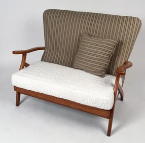 DUTCH OAK SETTEE WITH BOUCLE CUSHION C. 1950S