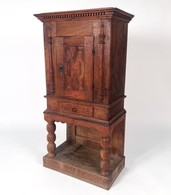 18TH C. DANISH CARVED RED OAK CABINET ON STAND