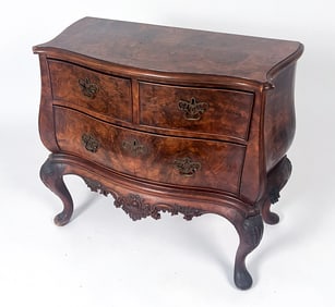 LOUIS XV STYLE WALNUT BURL BOMBE COMMODE