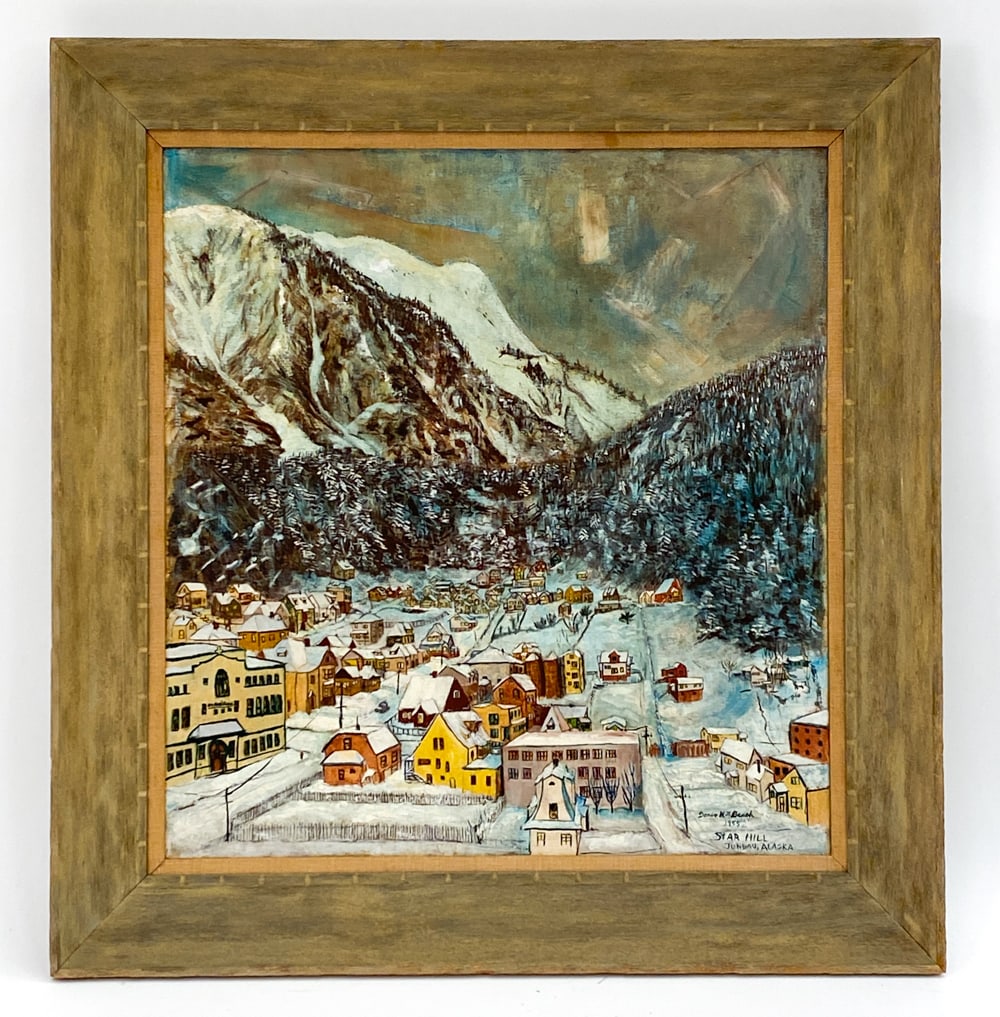 D. H. L. BEACH (AMERICAN) STAR HILL JUNEAU, ALASKA: Modernist image of the iconic neighborhood Starr Hill in Juneau, Alaska. Signed, titled, and dated 1955, lower right. Acrylic paint on canvas. Dimensions: (Frame) H 40.5" x W 38.5" (Canvas) H 31.75" x