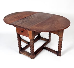 18TH C. DANISH RED OAK TURNED LEG TABLE.