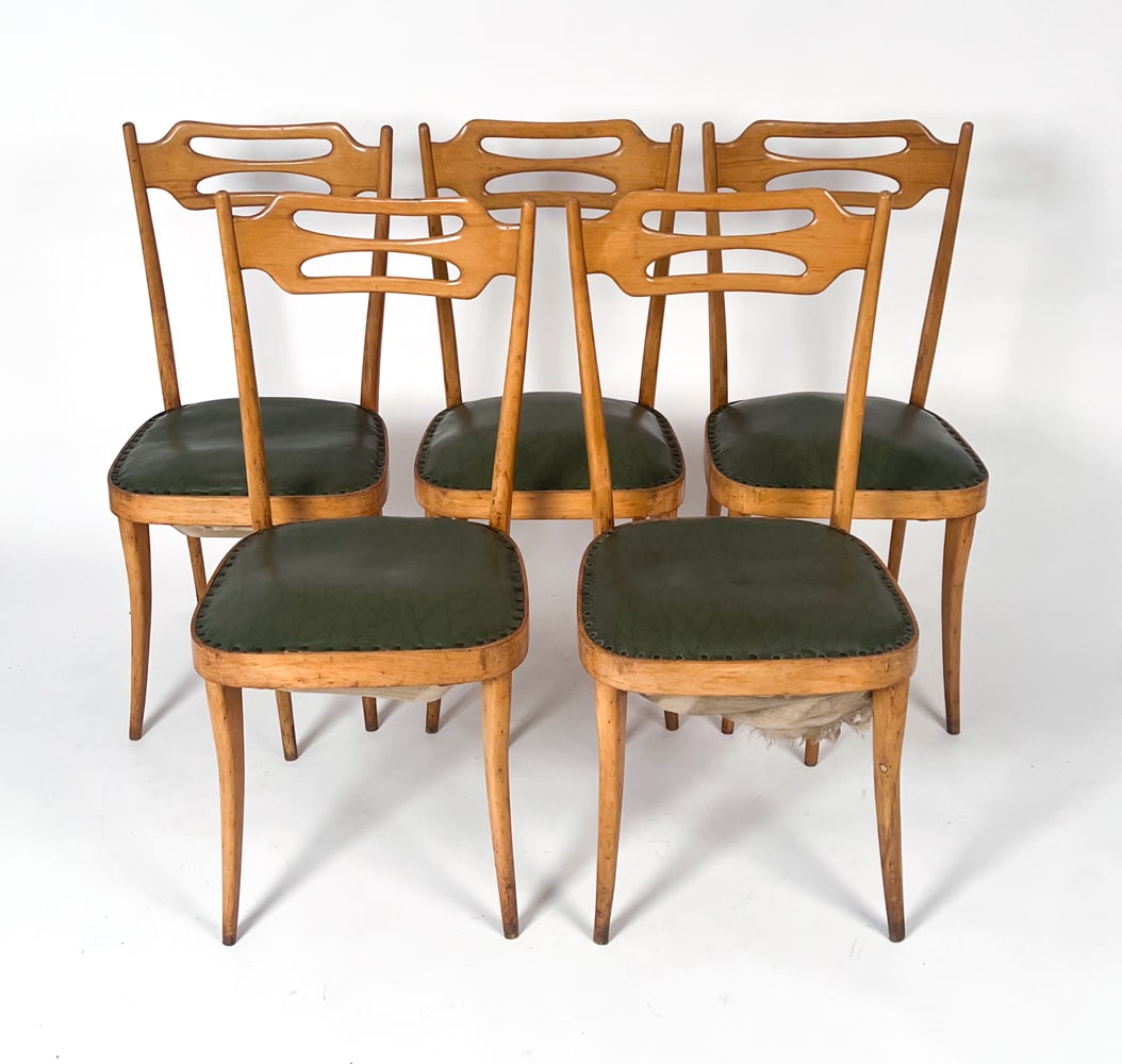 (5) STYLE OF PIRELLI SAPSA ITALIAN DINING CHAIRS: 5 birch chairs with vinyl upholstery in the style of Pirelli Sapsa. Apparently unmarked. Circa 1950s. Dimensions: H 36.5" x W 17.25" x D 17" x SH 16" Condition: Scratches, nicks, dings, soling and sig