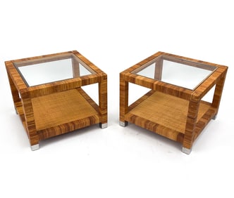 PAIR BIELECKY BROTHERS RATTAN & GLASS SIDE TABLES