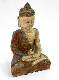 CARVED & PIGMENT STONE SEATED BUDDHA SCULPTURE