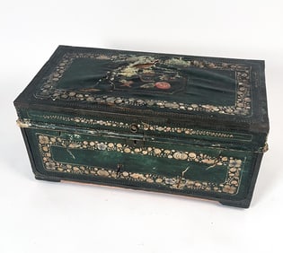 ANTIQUE CHINESE EXPORT WOOD & LEATHER TRUNK