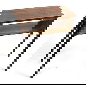 LEJKOWSKI & LESNIEWSKI POLISH SIDE TABLE C. 1960S: Mid-century Polish side table by Lejkowsky & Lesniewski design duo for Koronowo. Crafted in Walnut with high-gloss polish. Remnant of factory label on underside. Poland, circa 1960s. Dimensions: H 26.