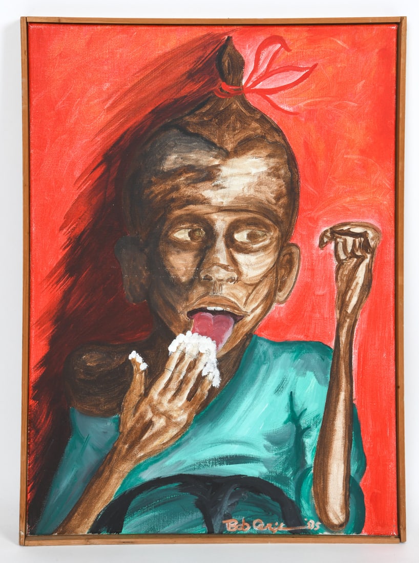 BOB CARIGNAN (AMERICAN) "RICE" 1985 PORTRAIT AC/C: Image depicting a figure eating rice. Signed and dated '85 lower right. Tiled "Rice" and inscribed on verso. Acrylic paint on canvas. Dimensions: (Frame) H 28.5" x W 20.5" (Canvas) H 28" x W 20" Condi