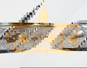 CARL FAGERLUND ORREFORS CRYSTAL PENDANT LIGHT: Brass pendant light with crystal glass panels. Apparently unmarked. Sweden, circa 1960s. Dimensions: H 8" x Dia. 14". Condition: Wiring untested. Few scuffs to metal. Wear consistent with age and use.