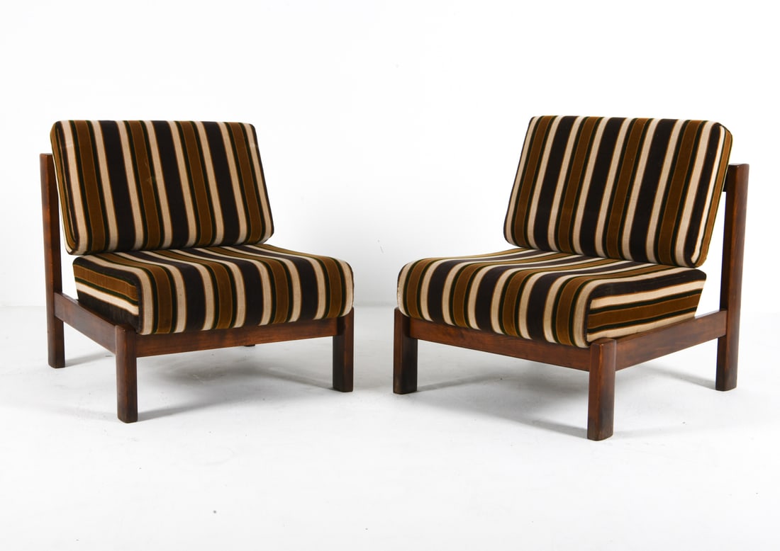 CARL STRAUB STYLE SWEDISH BEECH LOUNGE CHAIRS: Set of two brutalist lounge chairs, featuring beech frame and striped mohair cushions. Sweden, circa 1960s. Dimensions: H 31.5" x W 27.5" x D 33" SH 15" Condition: Wear consistent with age and use, in