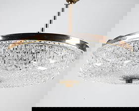 CARL FAGERLUND BRASS & GLASS PENDANT LIGHT C.1960S: For Orrefors. Pendant light with crystal glass shade and brass frame. Apparently unmarked. Denmark, circa 1960s. Dimensions: H 11.5" x Dia. 12.5". Condition: Wiring untested. Some rubs and oxidation t