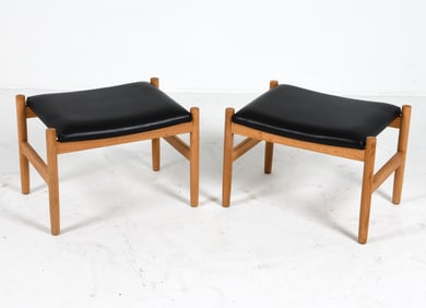PAIR HUGO FRADSEN OAK & LEATHER OTTOMANS C.1970S