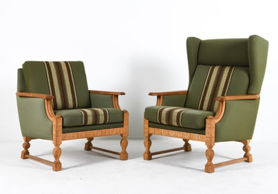 HENNING KJAERNULF STYLE OAK LOUNGE CHAIRS C. 1970S