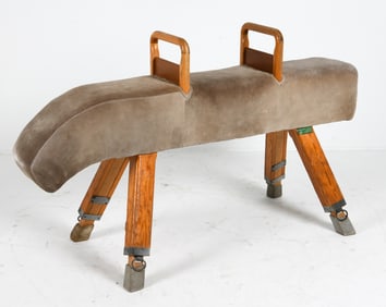 DANISH OAK & SUEDE POMMEL HORSE GYMNASTICS 1970S