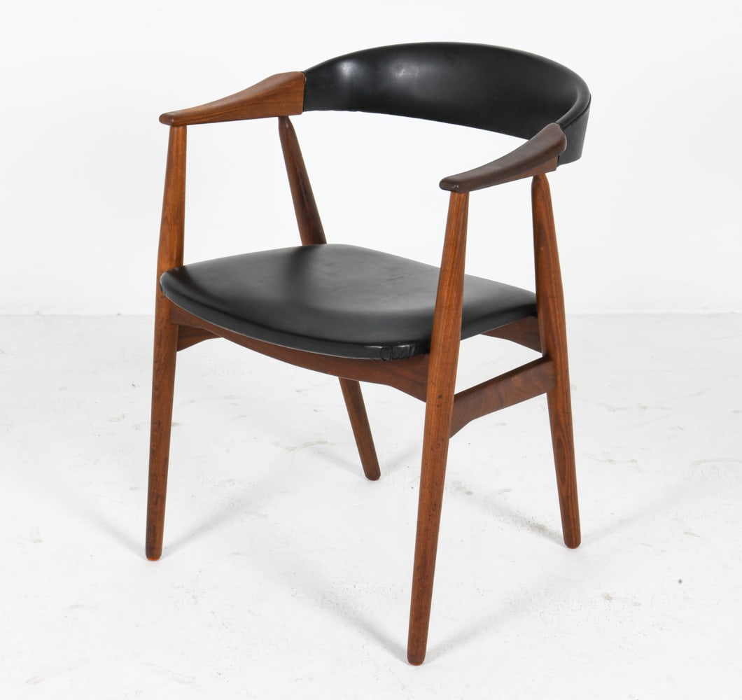 THOMAS HARLEV M. 213 TEAK ARMCHAIR C. 1960S: For Farstrup mobler. Teak frame with black leather upholstery. Apparently unmarked. Denmark, circa 1960s. Dimensions: H 28.75" x W 21.5" x D 21" x SH 18.25". Condition: Minor scuffs to wood and leathe