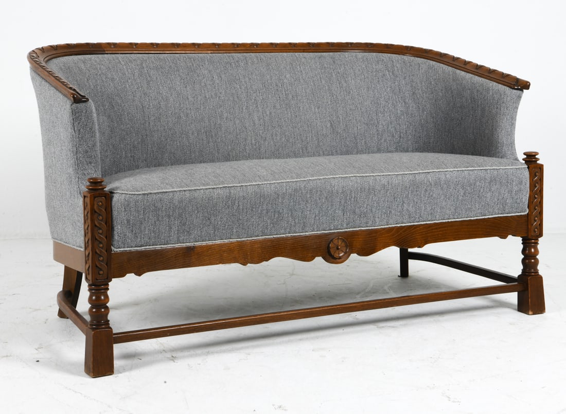 DANISH CARVED OAK & WOOL SOFA C. 1950S (1 of 10)