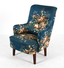 DANISH FLORAL UPHOLSTERY HIGHBACK LOUNGE CHAIR