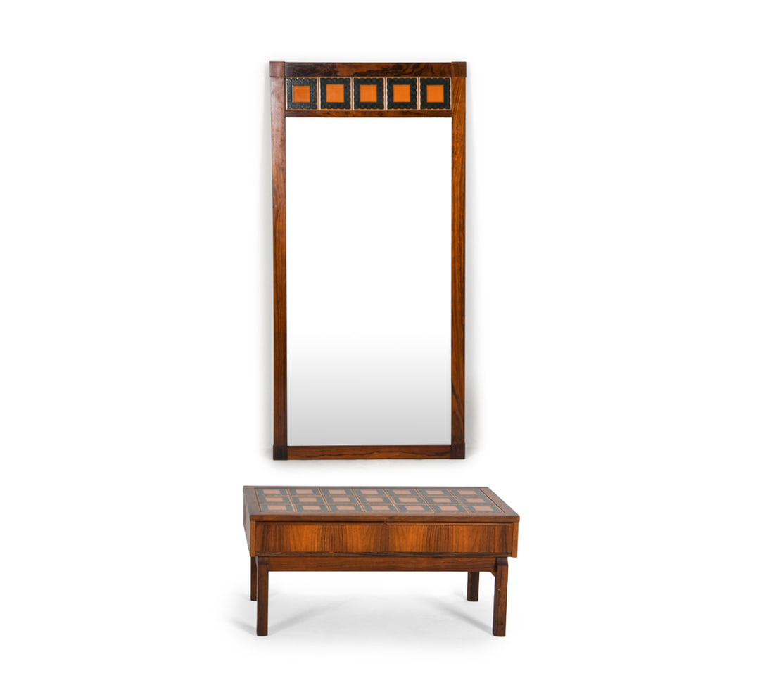 ERIK WORTZ DANISH ROSEWOOD CHEST & MIRROR C. 1960S: Rosewood with ceramic tile accents to both chest and mirror. Apparently unmarked. Denmark, circa 1960s. Dimensions: Chest H 16" x W 33.5" x D 16.5". Mirror H 51" x W 25.5". Condition: Minor scratches